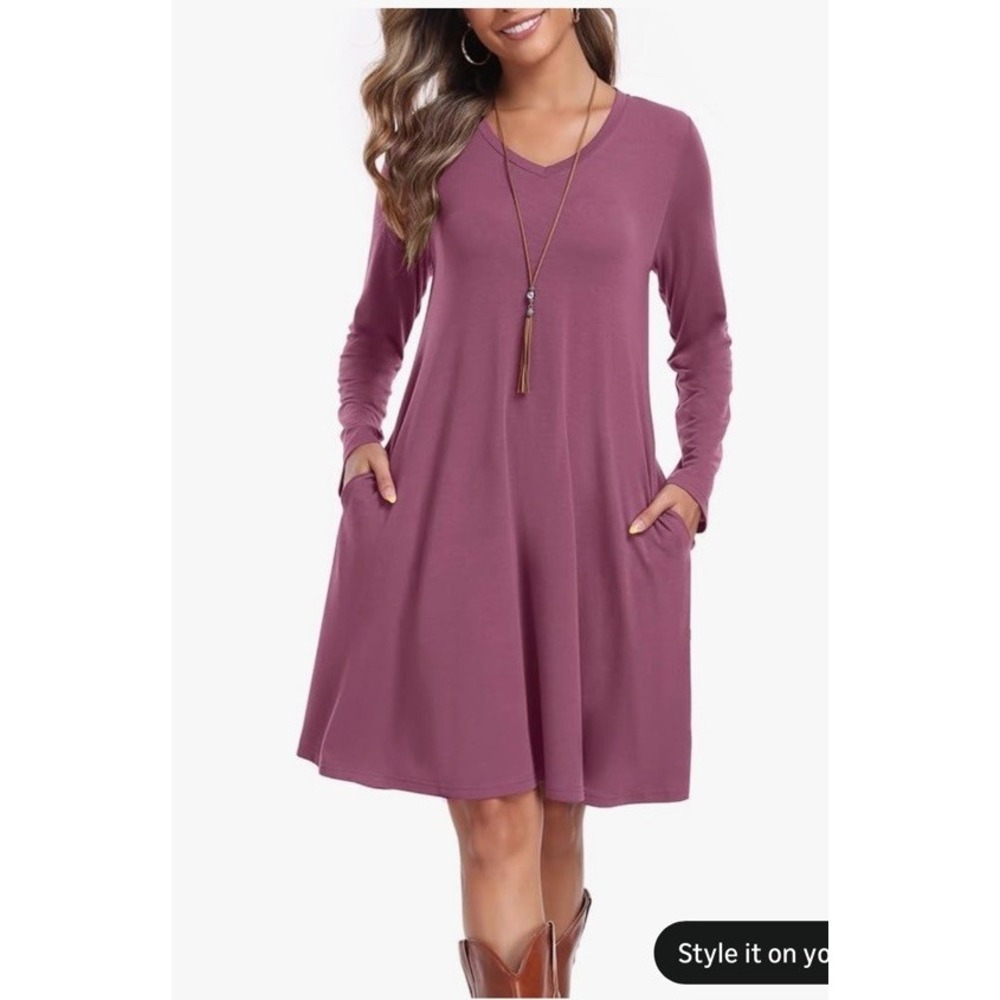 Womens 3XL Mauve Long Sleeve Swing Dress Pockets Casual Stretch NWT Plus Size